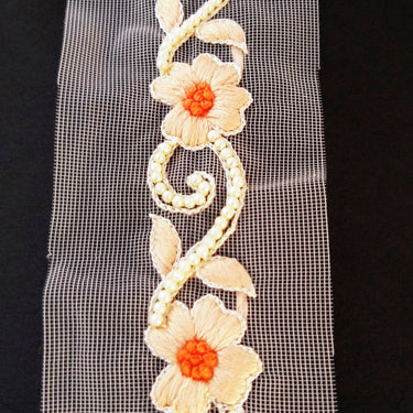 Beige Net Trim With Floral Embroidery, Pearl Beads Trim, Beaded Trim